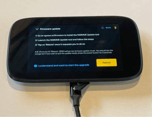 NGRAVE ZERO displaying Firmware Update instructions.