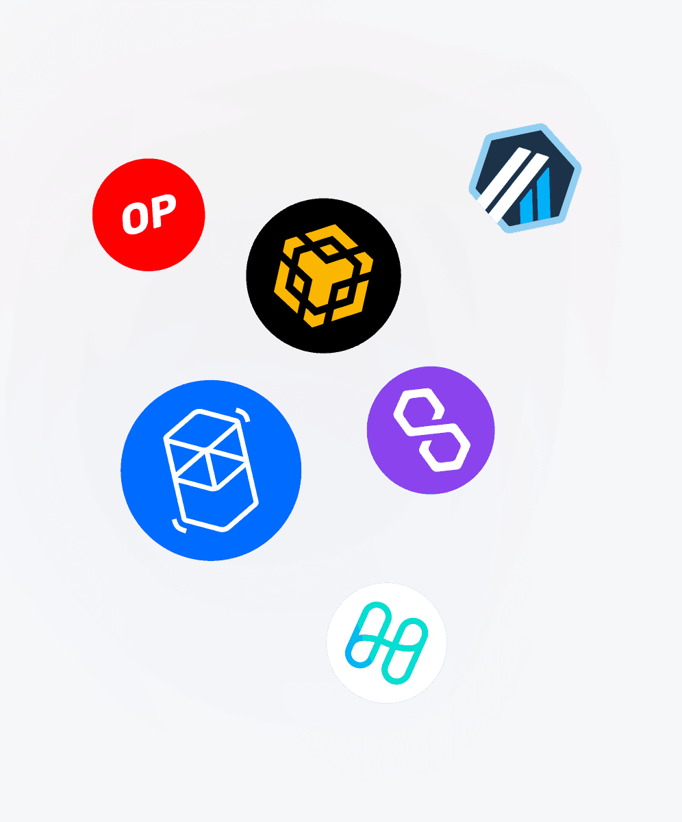 Logos of supported chains: Optimism, BNB Chain, Arbitrum, Fantom, Polygon and Harmony
