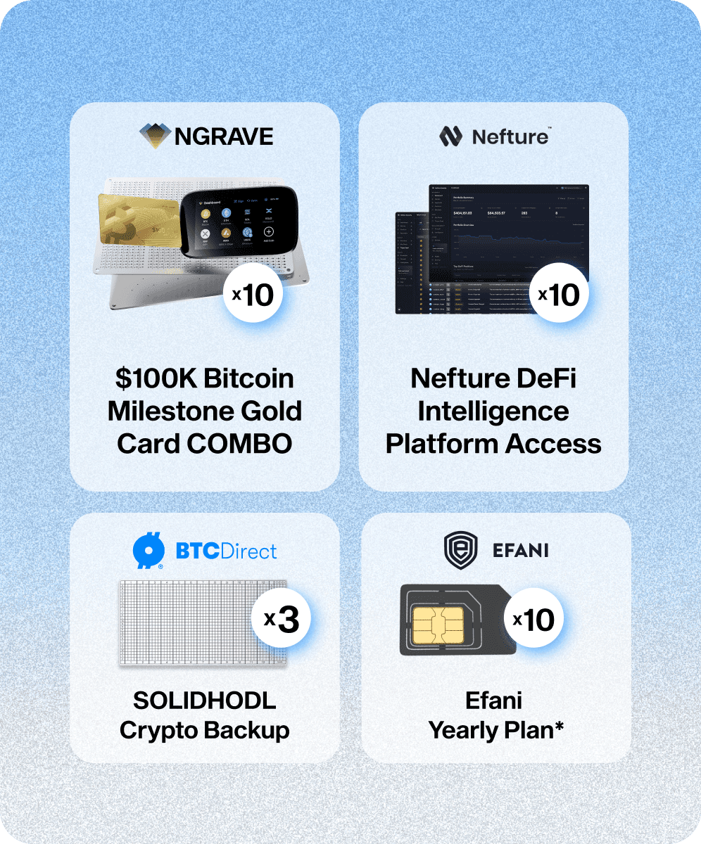 Giveaway prizes: NGRAVE Bitcoin Gold Card combo, Nefture platform access, SOLIDHODL backup and Efani plan