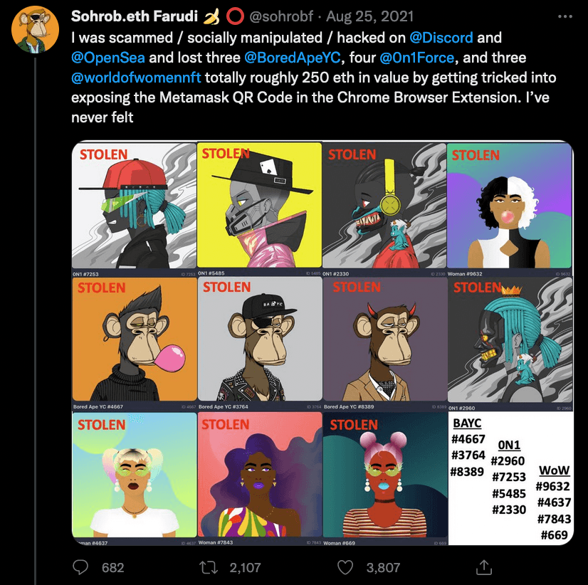 Tweet from a user who lost about 250 ETH of Bored Ape and other NFTs after a Discord scam, shown marked stolen
