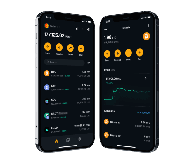 Two phones running the LIQUID app, showing the portfolio balance and a Bitcoin price chart