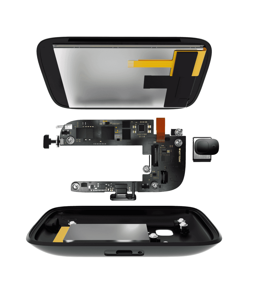 Exploded view of NGRAVE ZERO showing its screen, circuit board, camera and casing