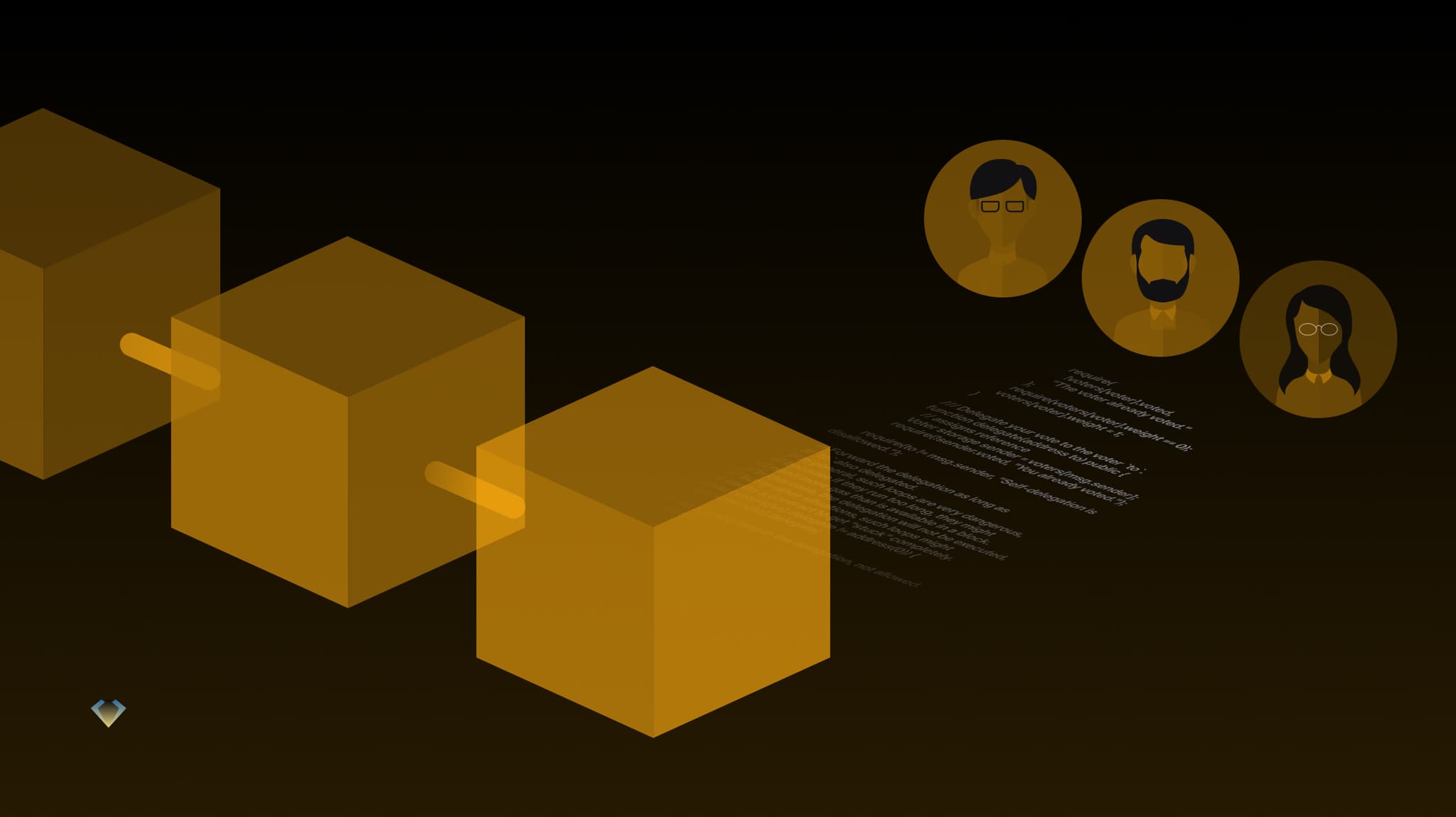 Illustration of chained blocks emitting lines of code toward three people, representing a smart contract