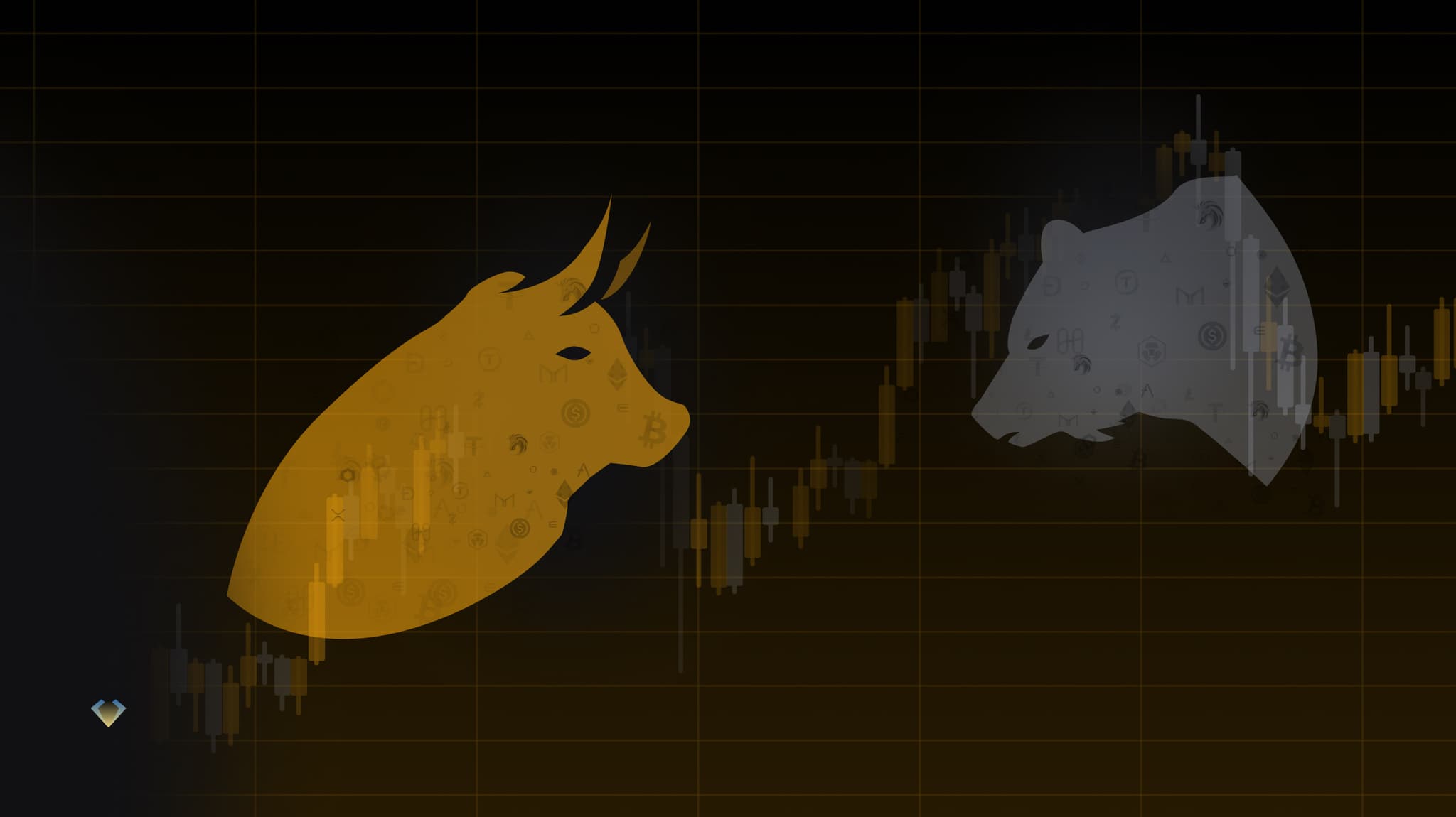 Gold bull and silver bear over a candlestick price chart, illustrating crypto market cycles