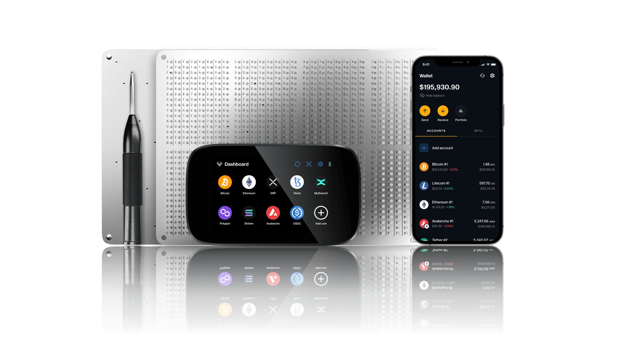 NGRAVE GRAPHENE steel plate with punch tool, ZERO hardware wallet and LIQUID app on a phone