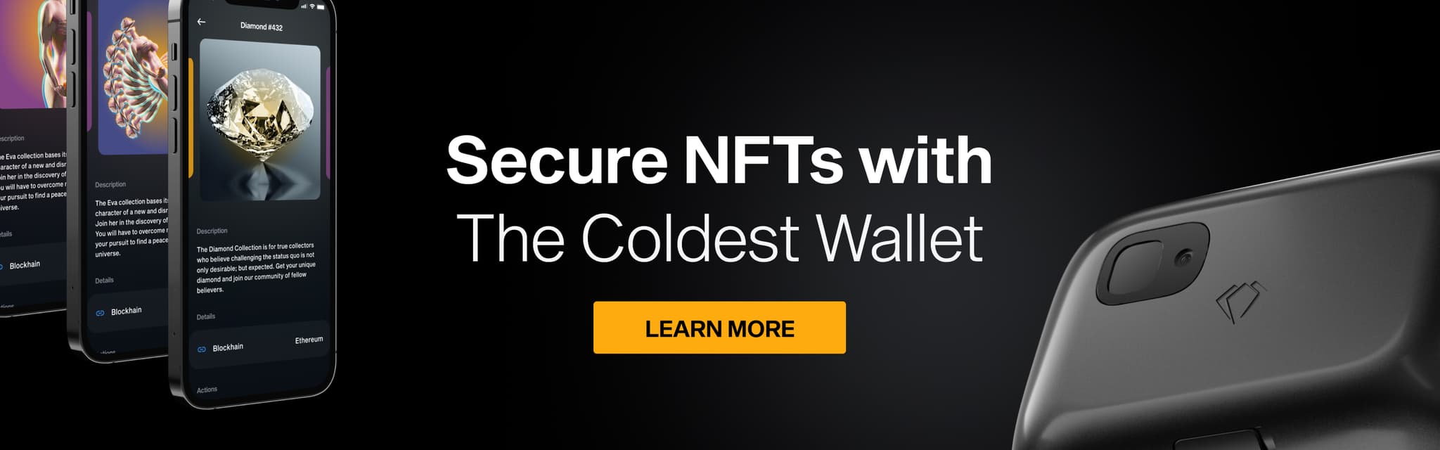 Banner: Secure NFTs with the Coldest Wallet, showing NFT app screens and the NGRAVE ZERO, with a Learn more button