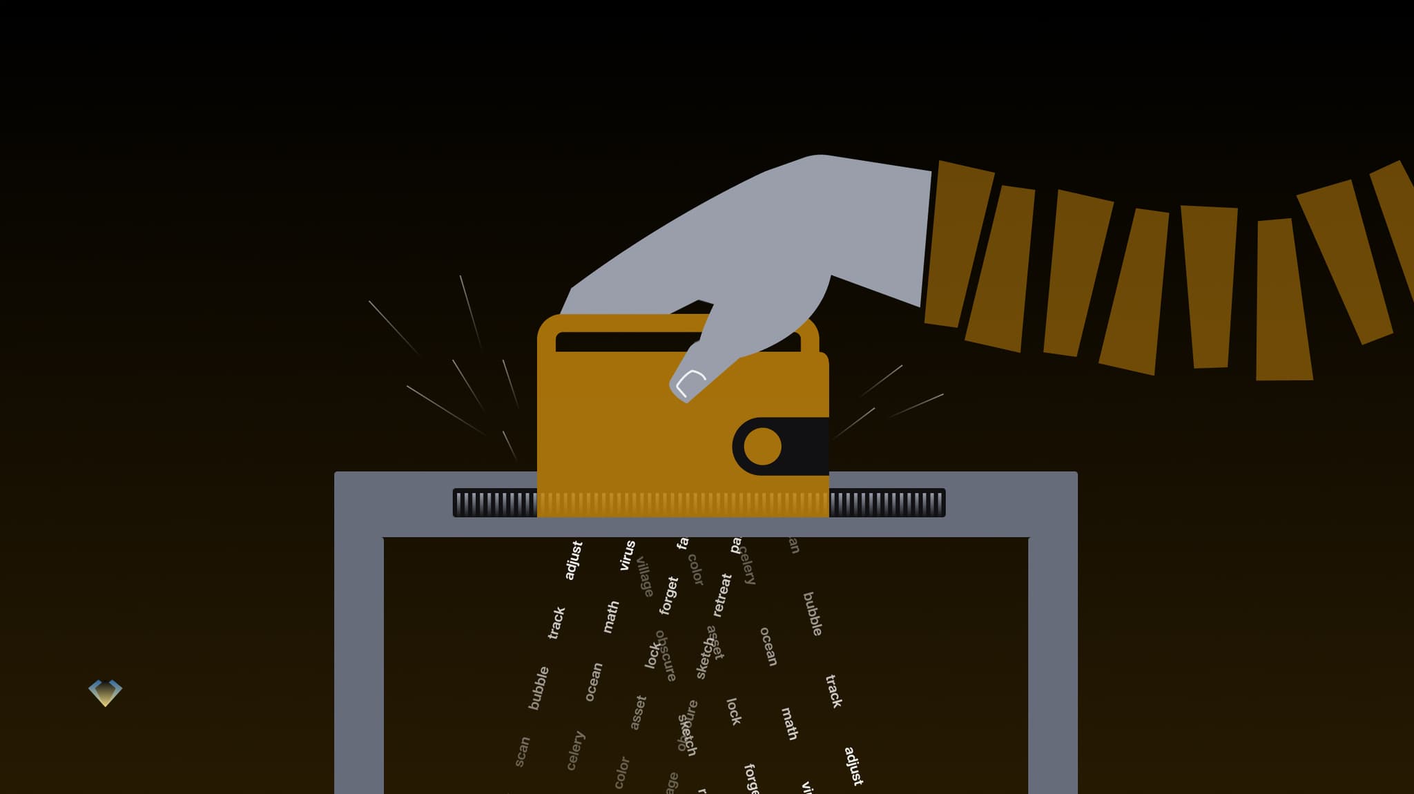 Illustration of a hand pushing a wallet into a shredder that spills out seed-phrase words