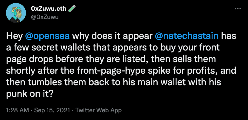 Tweet asking OpenSea why an employee's secret wallets buy front-page drops before listing and sell after the spike