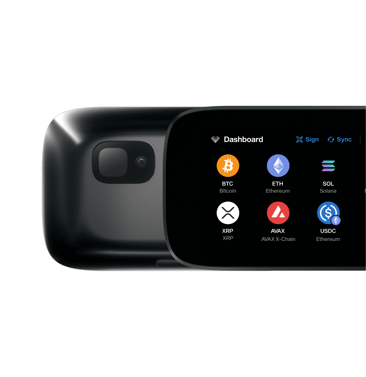 NGRAVE ZERO showing its fingerprint sensor on the back and the coin dashboard on the touchscreen