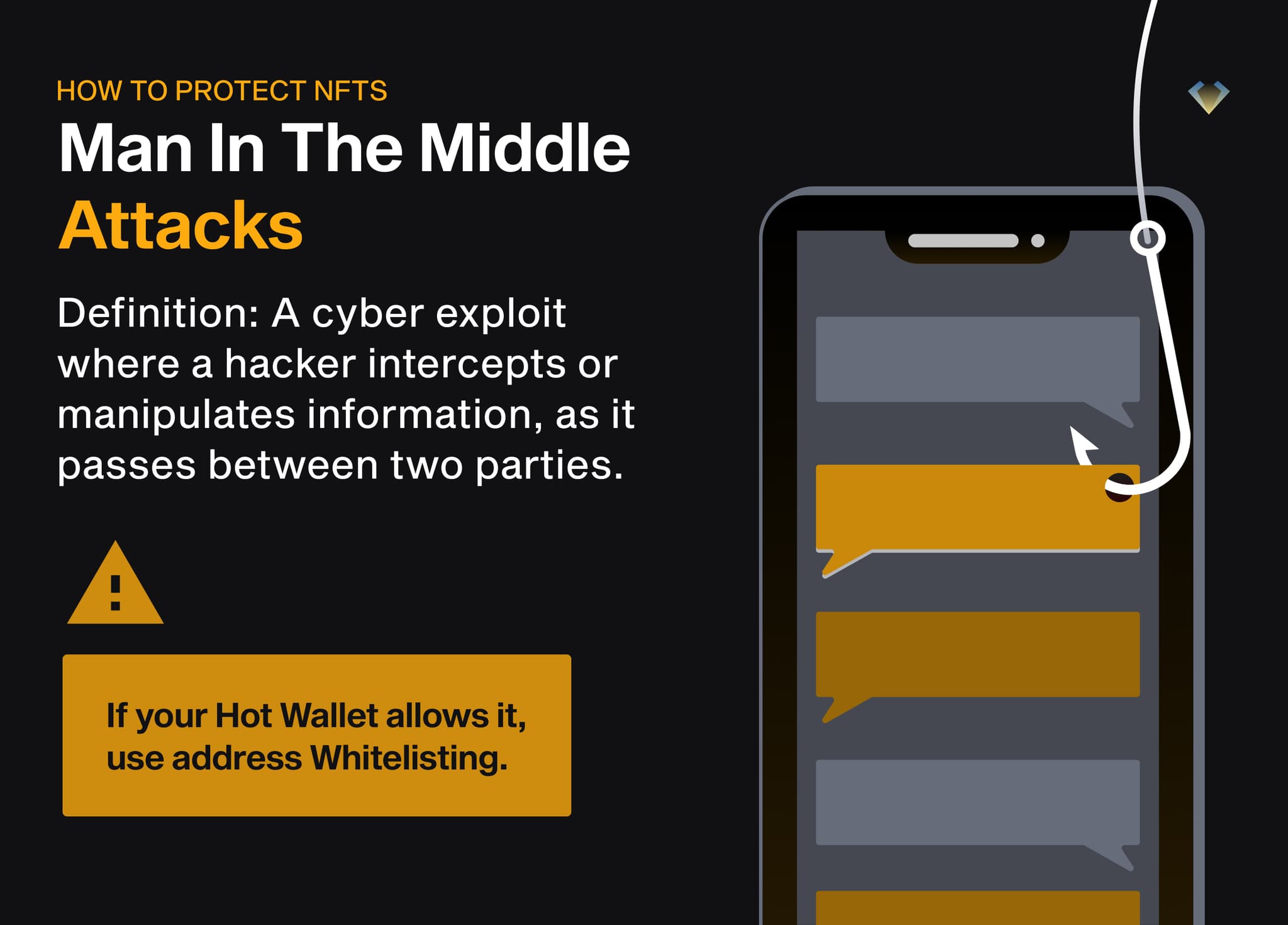 Man-in-the-middle attacks: a hacker intercepts messages between two parties; use address whitelisting if possible
