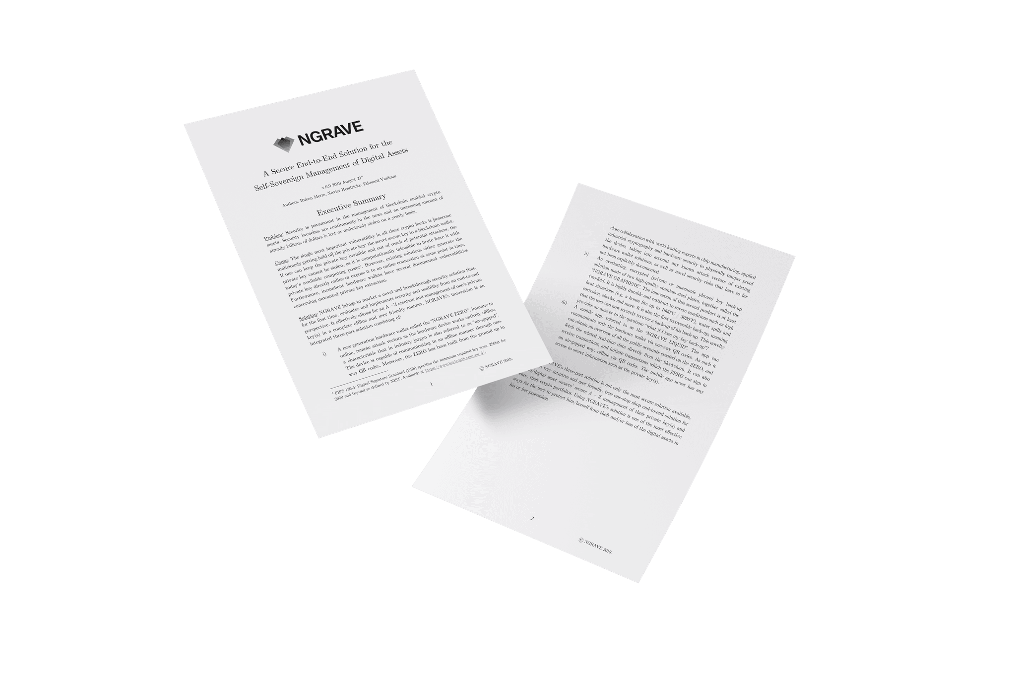 Two pages of the NGRAVE whitepaper on a secure end-to-end solution for self-sovereign digital asset management