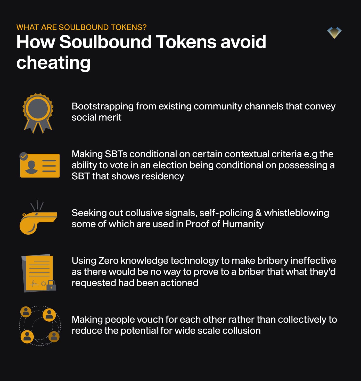 Five ways soulbound tokens prevent cheating, including conditional SBTs, whistleblowing, zero-knowledge proofs and vouching