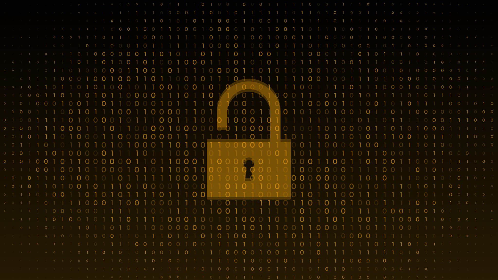 Open gold padlock on a background of binary code, representing a security breach