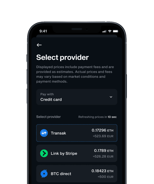 LIQUID app Select provider screen comparing ETH prices from Transak, Link by Stripe and BTC Direct