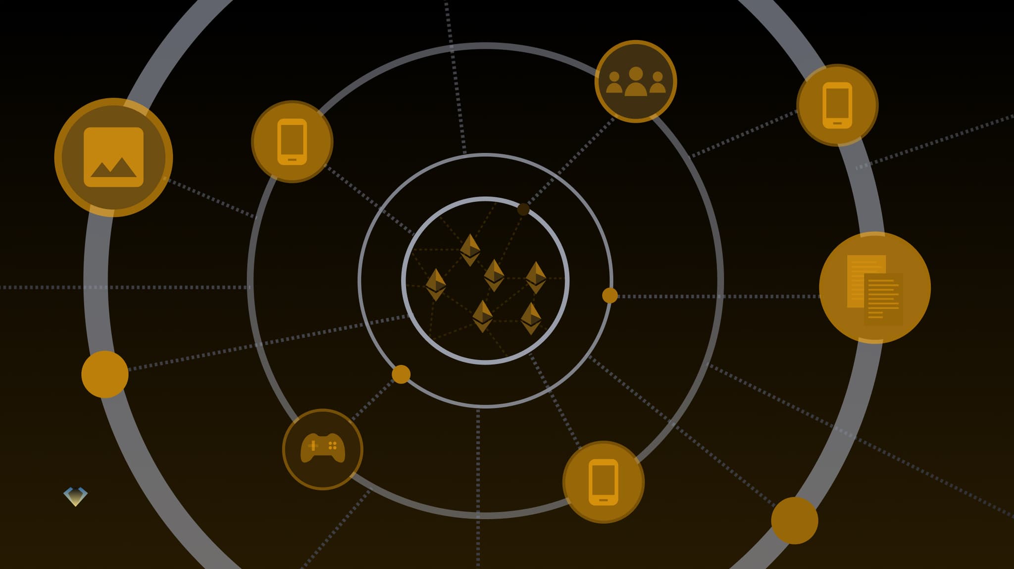 Illustration of Ethereum at the centre of a network linking phones, games, media and documents, representing dApps