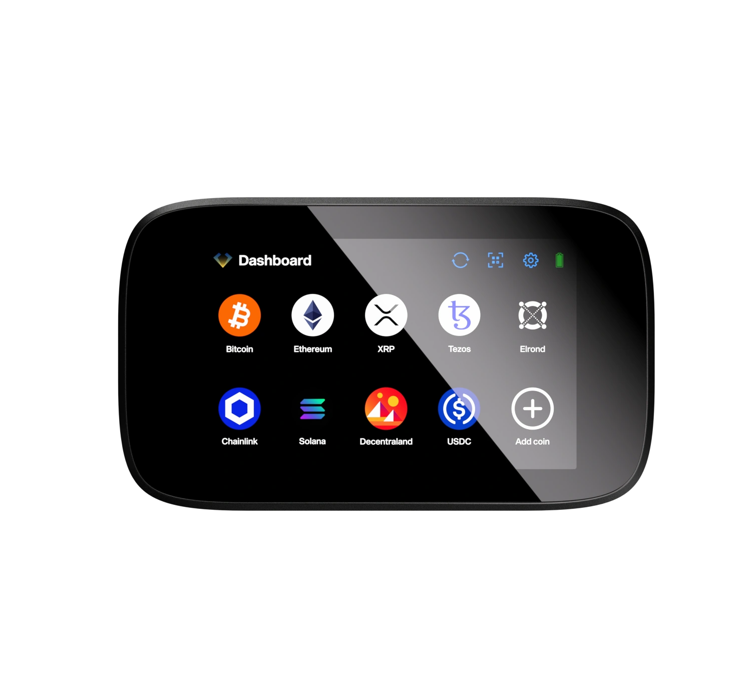 NGRAVE ZERO rotating to reveal its internal hardware — dashboard with Bitcoin, Ethereum, Solana, MultiversX, XRP, Avalanche and USDC